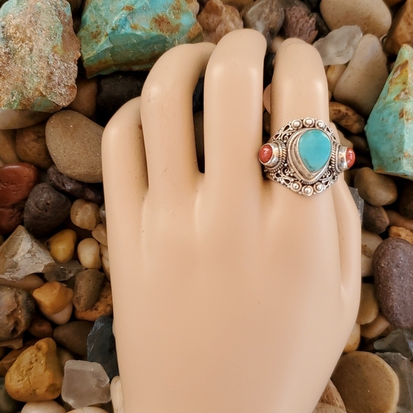 Sterling Turquoise Coral Ring - Picture 2 of 4
